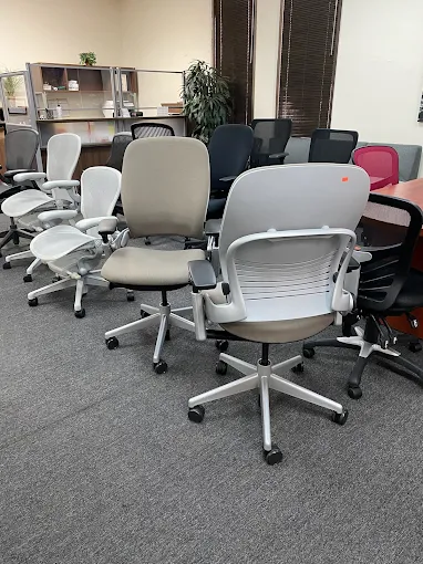 Used Herman Miller Aeron and Steelcase Leap V2 task chairs at BT Express Liquidators, San Jose