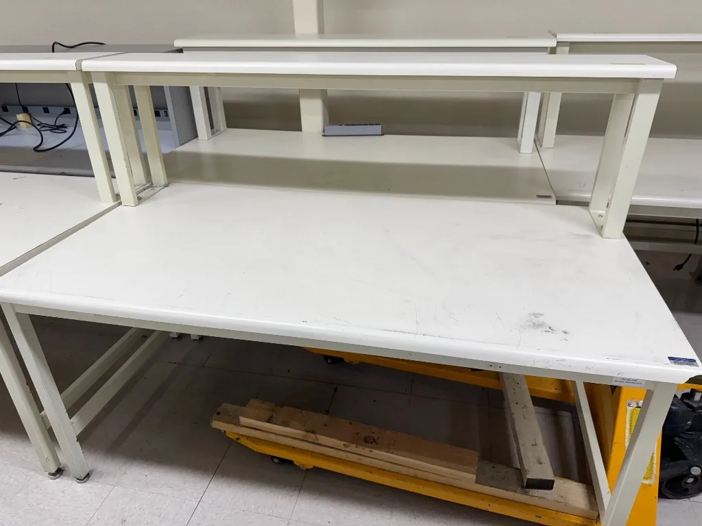 Used white lab bench with riser shelf