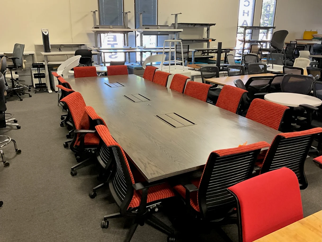 Training room tables and seating at the BT Express Liquidators showroom, San Jose